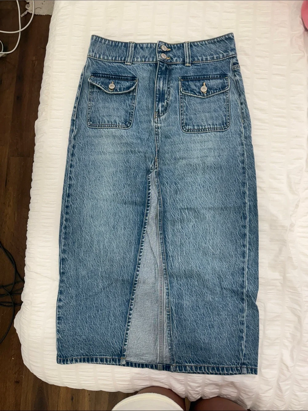 Free People Light Wash Denim Midi Skirt with Front Slit